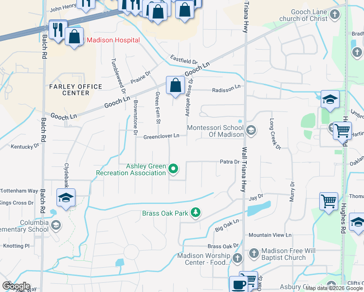 map of restaurants, bars, coffee shops, grocery stores, and more near 156 Antique Rose Drive in Madison