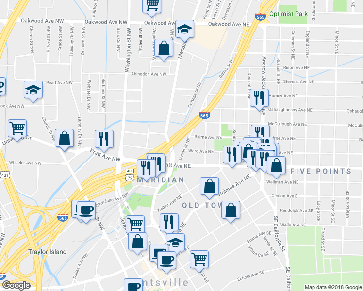 map of restaurants, bars, coffee shops, grocery stores, and more near 701 Dallas Street Northeast in Huntsville
