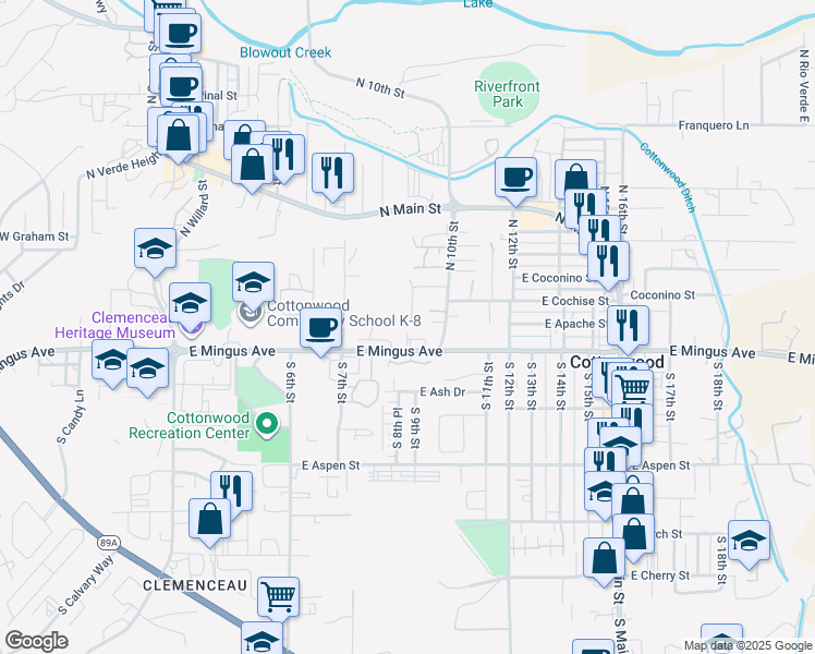 map of restaurants, bars, coffee shops, grocery stores, and more near 100 North 9th Street in Cottonwood