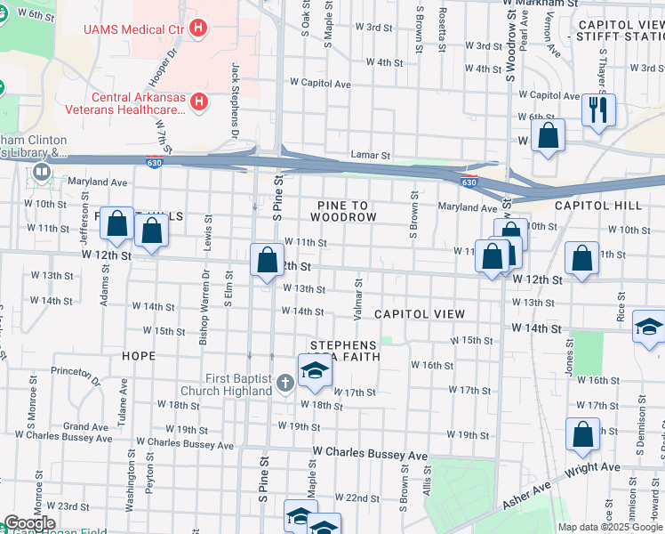 map of restaurants, bars, coffee shops, grocery stores, and more near 3612 West 12th Street in Little Rock