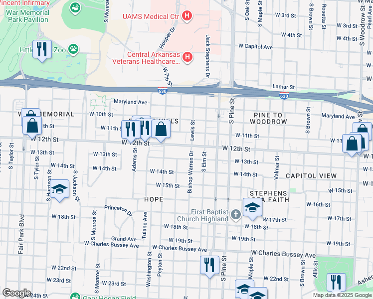 map of restaurants, bars, coffee shops, grocery stores, and more near 1200 Bishop Warren Drive in Little Rock