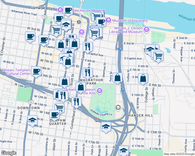 map of restaurants, bars, coffee shops, grocery stores, and more near 511 East 8th Street in Little Rock