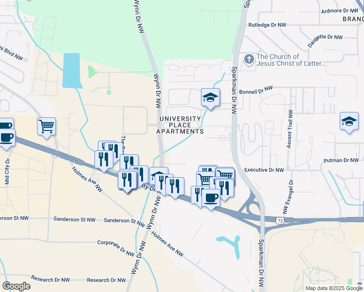 map of restaurants, bars, coffee shops, grocery stores, and more near 650 Wynn Drive Northwest in Huntsville