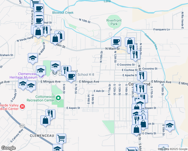 map of restaurants, bars, coffee shops, grocery stores, and more near 16 North 10th Street in Cottonwood