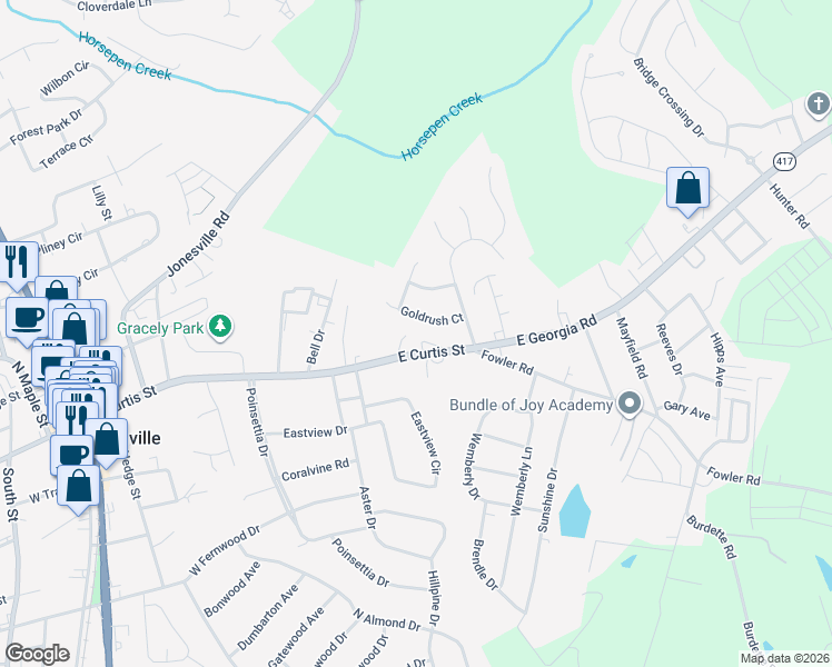map of restaurants, bars, coffee shops, grocery stores, and more near 713 East Curtis Street in Simpsonville
