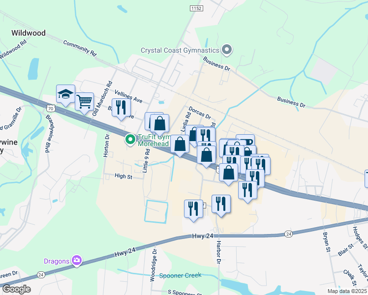 map of restaurants, bars, coffee shops, grocery stores, and more near 5242 Highway 70 West in Morehead City