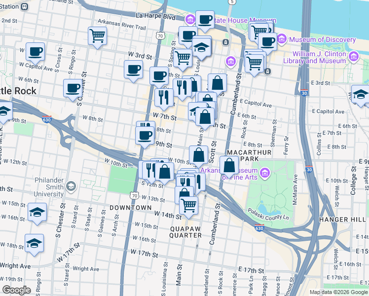 map of restaurants, bars, coffee shops, grocery stores, and more near W 9th St & S Louisiana St in Little Rock