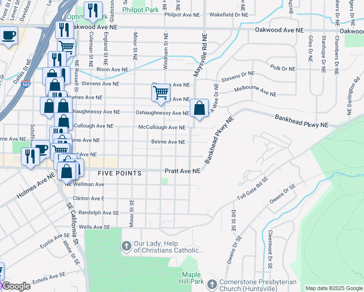 map of restaurants, bars, coffee shops, grocery stores, and more near 1603 Ward Avenue Northeast in Huntsville