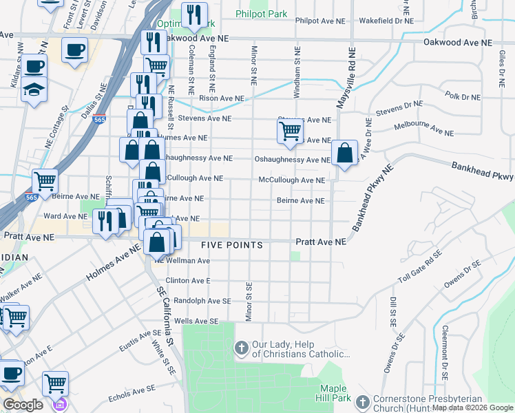 map of restaurants, bars, coffee shops, grocery stores, and more near 1321 Ward Avenue Northeast in Huntsville