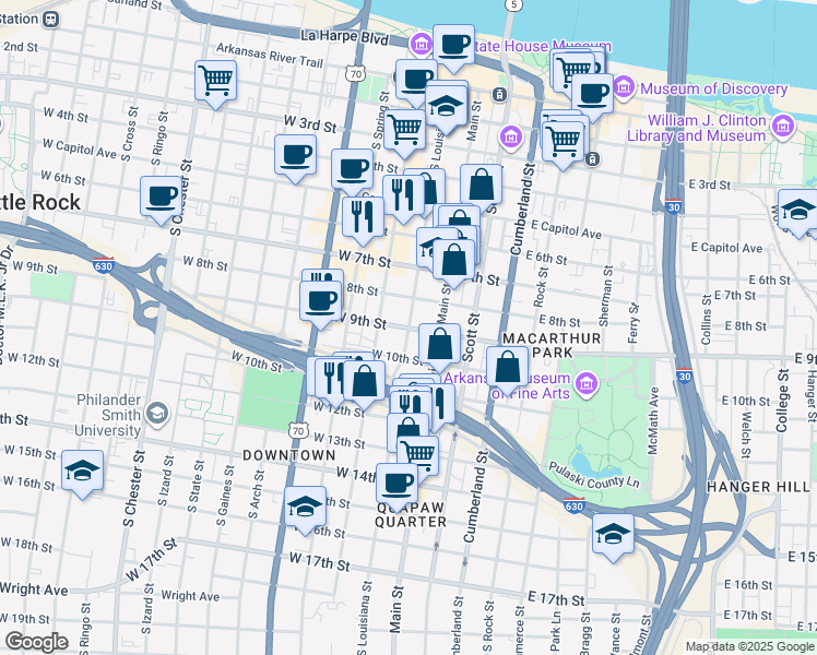 map of restaurants, bars, coffee shops, grocery stores, and more near 904 Main Street in Little Rock