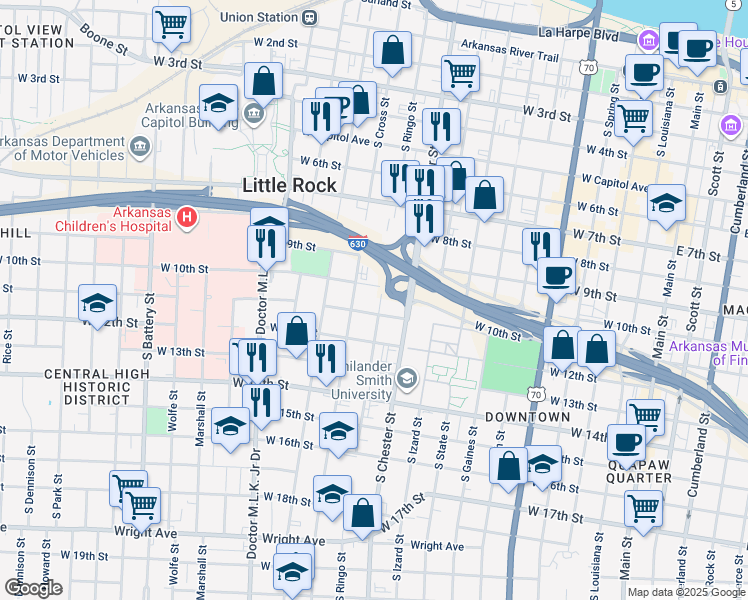 map of restaurants, bars, coffee shops, grocery stores, and more near 1020 South Ringo Street in Little Rock