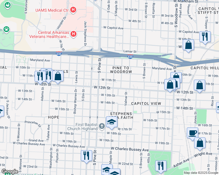 map of restaurants, bars, coffee shops, grocery stores, and more near 1212 South Valentine Street in Little Rock