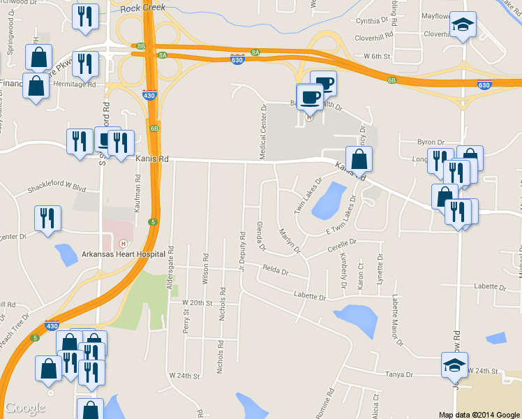 map of restaurants, bars, coffee shops, grocery stores, and more near 1408 Glenda Drive in Little Rock