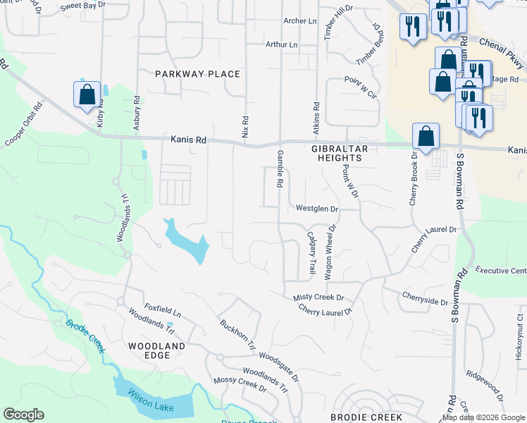 map of restaurants, bars, coffee shops, grocery stores, and more near 1505 Calgary Cove in Little Rock