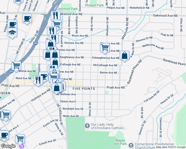 map of restaurants, bars, coffee shops, grocery stores, and more near 1321 Ward Avenue Northeast in Huntsville