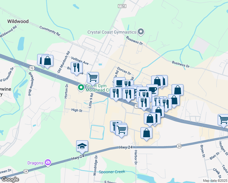 map of restaurants, bars, coffee shops, grocery stores, and more near 5242 Highway 70 West in Morehead City