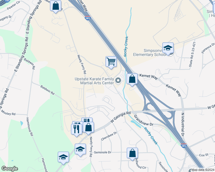 map of restaurants, bars, coffee shops, grocery stores, and more near 500 Milbury Way in Simpsonville