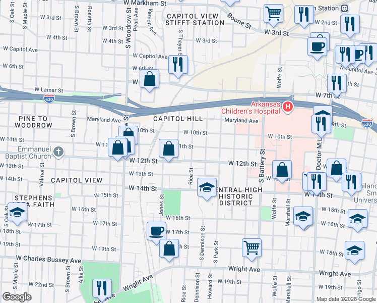 map of restaurants, bars, coffee shops, grocery stores, and more near 1119 Thayer Street in Little Rock
