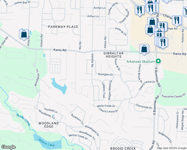 map of restaurants, bars, coffee shops, grocery stores, and more near 1601 Calgary Trail in Little Rock