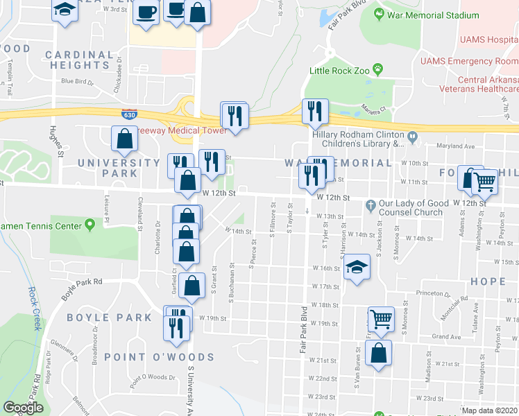 map of restaurants, bars, coffee shops, grocery stores, and more near 1217 South Pierce Street in Little Rock
