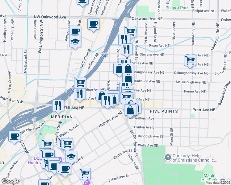 map of restaurants, bars, coffee shops, grocery stores, and more near 511 Ward Avenue Northeast in Huntsville