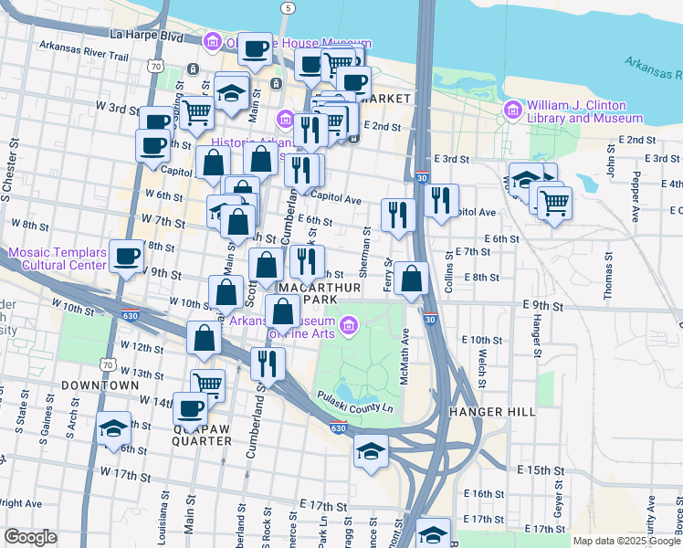 map of restaurants, bars, coffee shops, grocery stores, and more near 518 East 8th Street in Little Rock