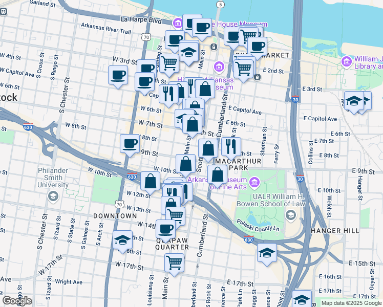 map of restaurants, bars, coffee shops, grocery stores, and more near 900 Scott Street in Little Rock
