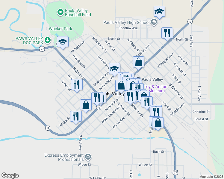 map of restaurants, bars, coffee shops, grocery stores, and more near 201 West Grant Avenue in Pauls Valley