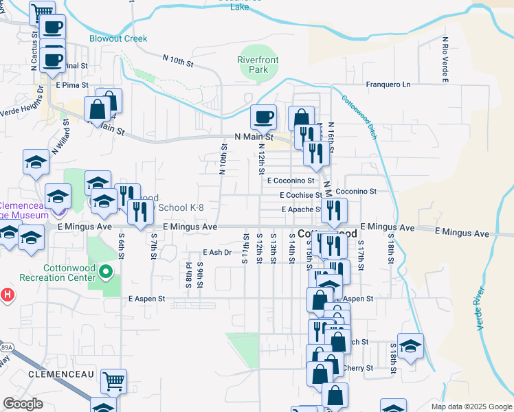 map of restaurants, bars, coffee shops, grocery stores, and more near 1203 East Apache Street in Cottonwood