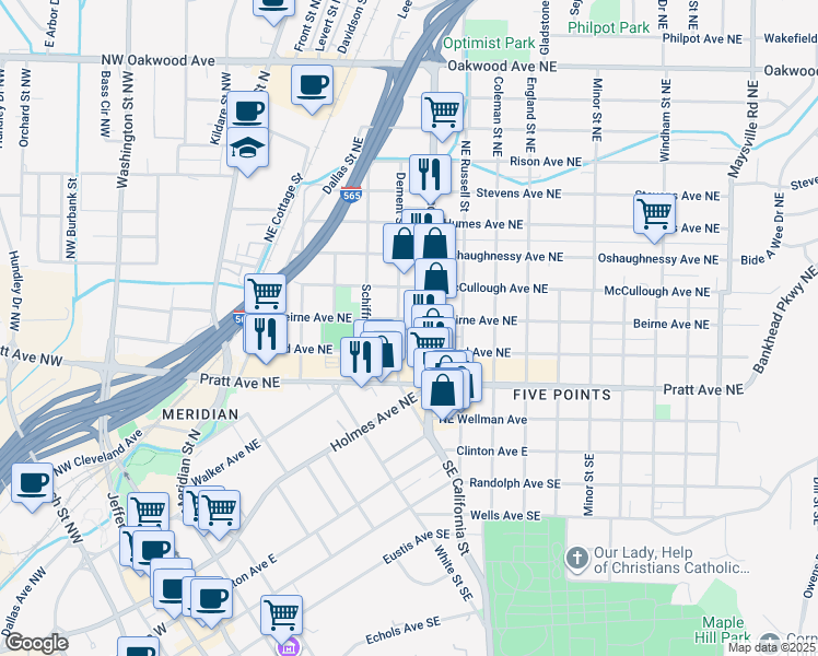 map of restaurants, bars, coffee shops, grocery stores, and more near 401 Andrew Jackson Way Northeast in Huntsville