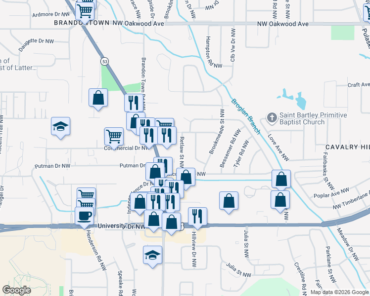 map of restaurants, bars, coffee shops, grocery stores, and more near 1107 Hewitt Street Northwest in Huntsville