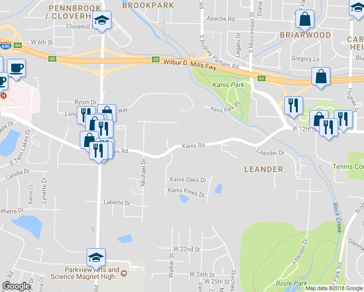 map of restaurants, bars, coffee shops, grocery stores, and more near 8005 Kanis Road in Little Rock