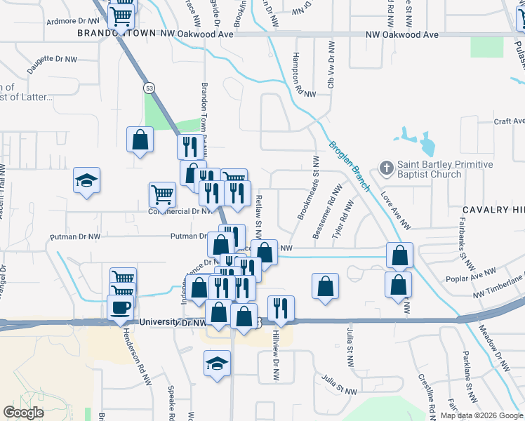 map of restaurants, bars, coffee shops, grocery stores, and more near 1107 Hewitt Street Northwest in Huntsville