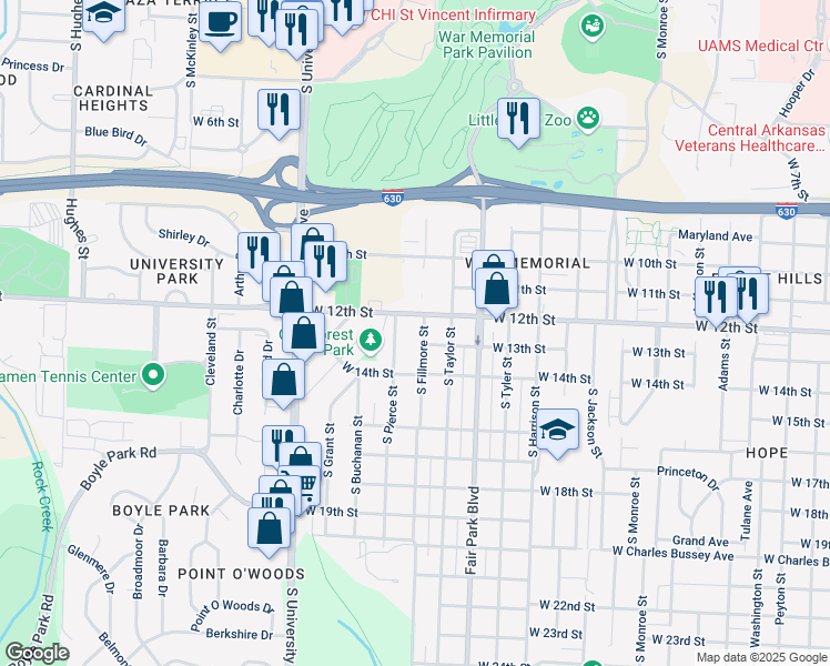 map of restaurants, bars, coffee shops, grocery stores, and more near 1302 South Fillmore Street in Little Rock