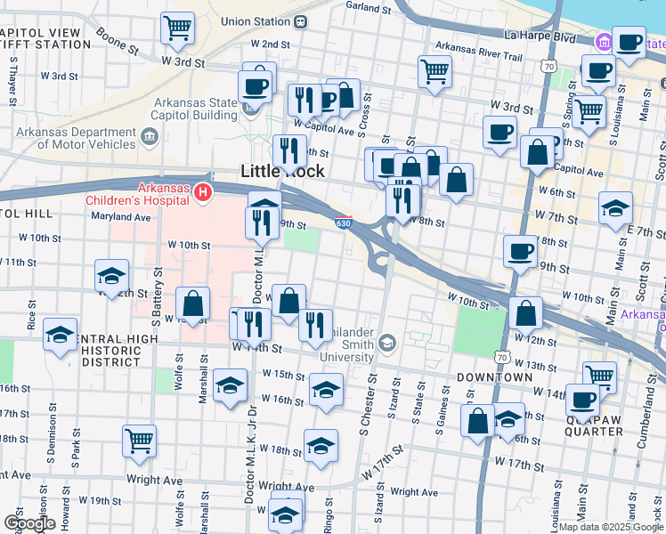 map of restaurants, bars, coffee shops, grocery stores, and more near 1217 West 11th Street in Little Rock