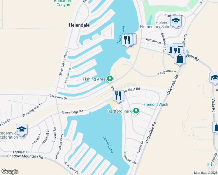 map of restaurants, bars, coffee shops, grocery stores, and more near 26969 Lakeview Drive in Helendale