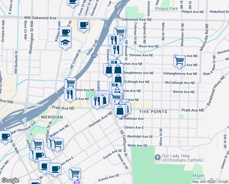 map of restaurants, bars, coffee shops, grocery stores, and more near 401 Andrew Jackson Way Northeast in Huntsville