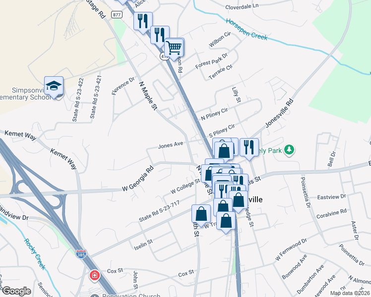 map of restaurants, bars, coffee shops, grocery stores, and more near 301 North Maple Street in Simpsonville