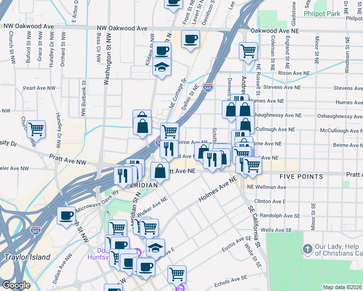 map of restaurants, bars, coffee shops, grocery stores, and more near 301 Ward Avenue Northeast in Huntsville