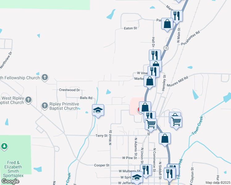 map of restaurants, bars, coffee shops, grocery stores, and more near 104-198 Cunningham Drive in Ripley