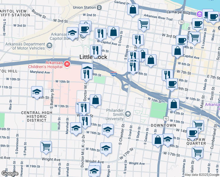 map of restaurants, bars, coffee shops, grocery stores, and more near 1217 West 11th Street in Little Rock