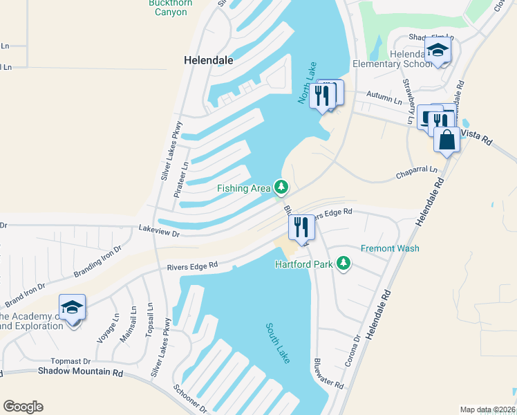 map of restaurants, bars, coffee shops, grocery stores, and more near 26938 Lakeview Drive in Helendale