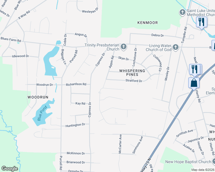 map of restaurants, bars, coffee shops, grocery stores, and more near 12401 Appin Road in Laurinburg