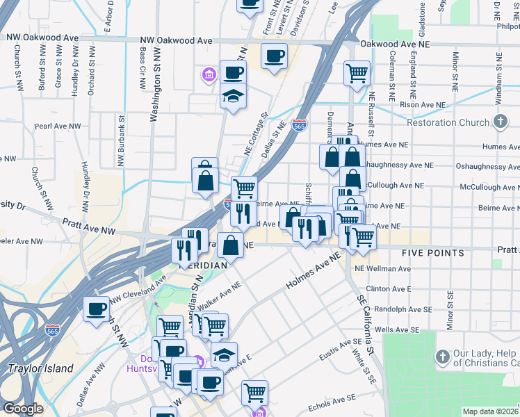 map of restaurants, bars, coffee shops, grocery stores, and more near 301 Ward Avenue Northeast in Huntsville