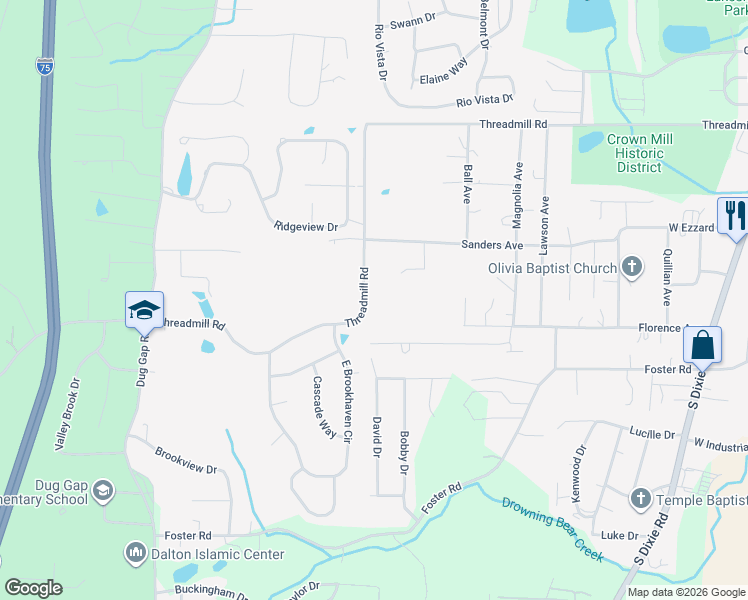 map of restaurants, bars, coffee shops, grocery stores, and more near 1575 Threadmill Road in Dalton