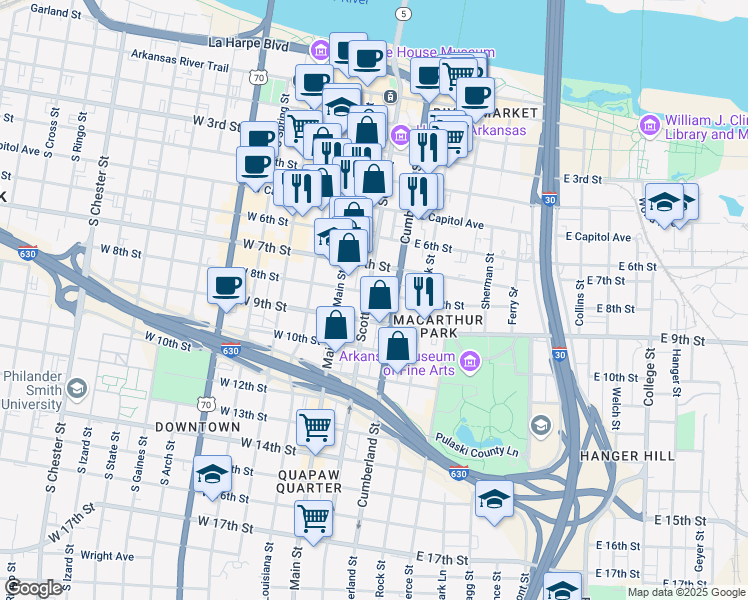 map of restaurants, bars, coffee shops, grocery stores, and more near in Little Rock