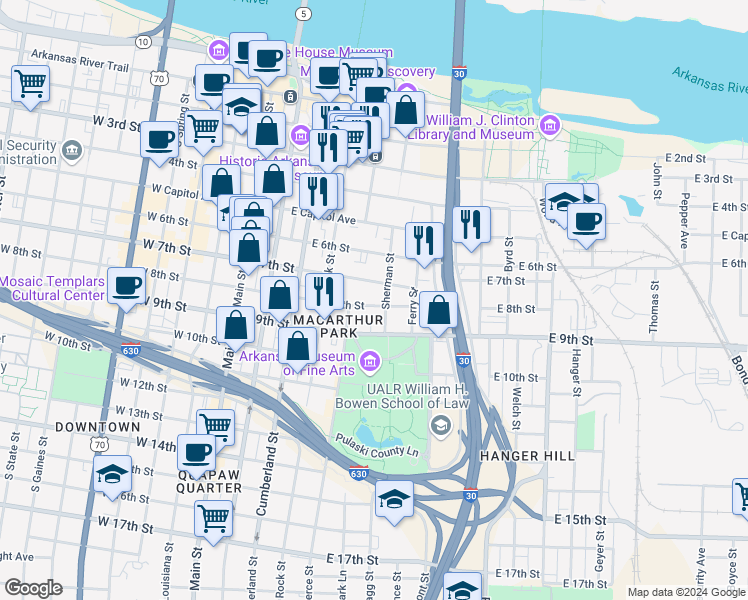 map of restaurants, bars, coffee shops, grocery stores, and more near 518 East 8th Street in Little Rock