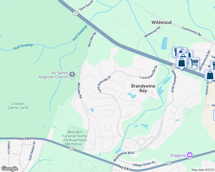 map of restaurants, bars, coffee shops, grocery stores, and more near 307 Eastchester Drive in Morehead City