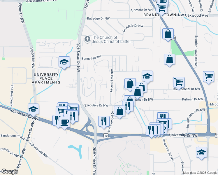 map of restaurants, bars, coffee shops, grocery stores, and more near 1417 Ascent Trail Northwest in Huntsville