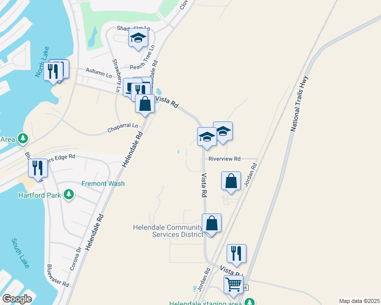 map of restaurants, bars, coffee shops, grocery stores, and more near 26900 Vista Road in Helendale